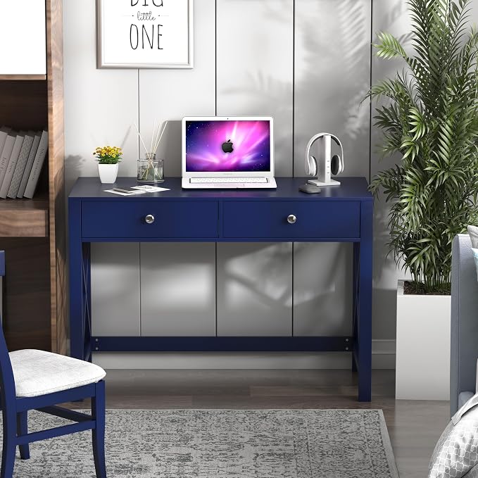 WiberWi Home Office Desk with Drawers, Modern Writing Computer Desk for Bedroom, Small Makeup Vanity Table Study Table for Home Office,Navy