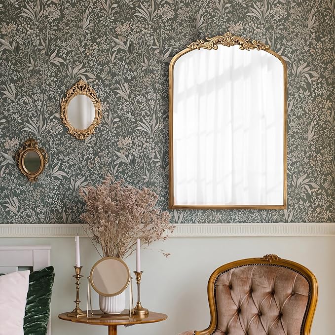 PERFNIQUE Vintage Mirror, 35" X 24" Arched Antique Baroque Wall Mirror, Gold Traditional Wall Decor, Ornate Decor Anthro Look Alike Furniture for Bathroom Living Room Fireplace Entryway Hallway
