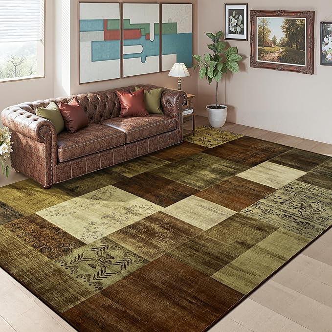 Tepook Modern Area Rug for Living Room, 4x6 Geometric Large Rugs for Bedroom, Washable Patchwork Rug Indoor Non-Slip Throw Carpets for Dining Room Office Farmhouse Home Decor, Brown