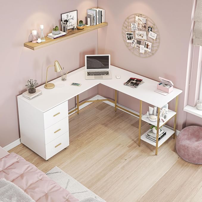 Techni Mobili L Shaped Desk - Two-Toned Computer Desk with Drawers & Storage Shelves - Simple Modern Furniture & Home Office Space Corner Table for Work & Writing