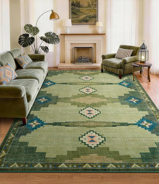 YIHOUSE Mid Century Modern Rugs for Living Room, 8x10 Green Rug No-Slip Southwestern Large Area Rug Washable Rugs for Bedroom, Dining Room