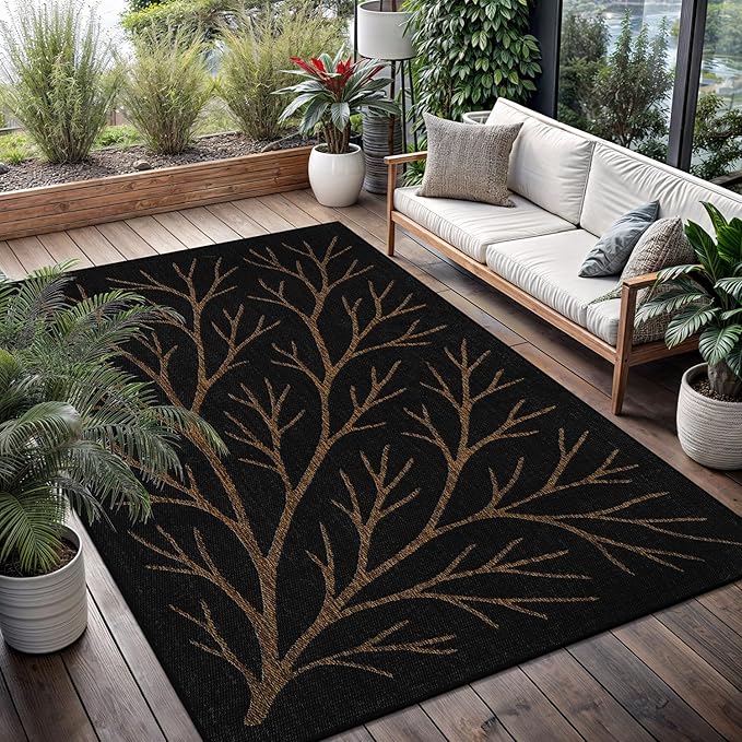 Washable Indoor Outdoor Rug 6x9 Modern Area Rugs Branch Pattern Non Shedding Waterproof Easy Clean Patio Deck Porch Living Room Bedroom Garden RV (6 X 9 Gold)
