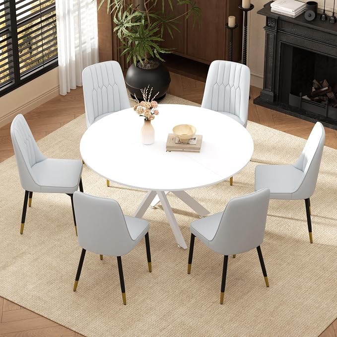 RGZ Mid Century White Round Dining Table Set for 6, 47" Large Wooden Circle Kitchen Table & 6 Light Gray PU Leather Kitchen Chairs, Dinner Table Set for Home, Apartment, Dining Room