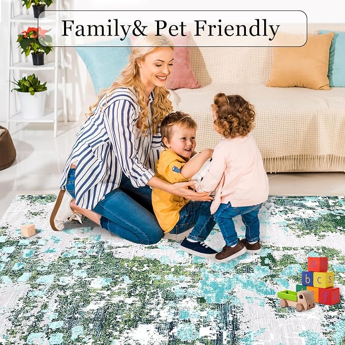 GAOMON Washable Modern Abstract 4x6 Small Area Rugs Non Slip Soft Bedroom Rug Low Pile Dining Room Carpet Mat Colorful Abstract Throw Rug for Nursery Office Entrance, Green/Turquoise