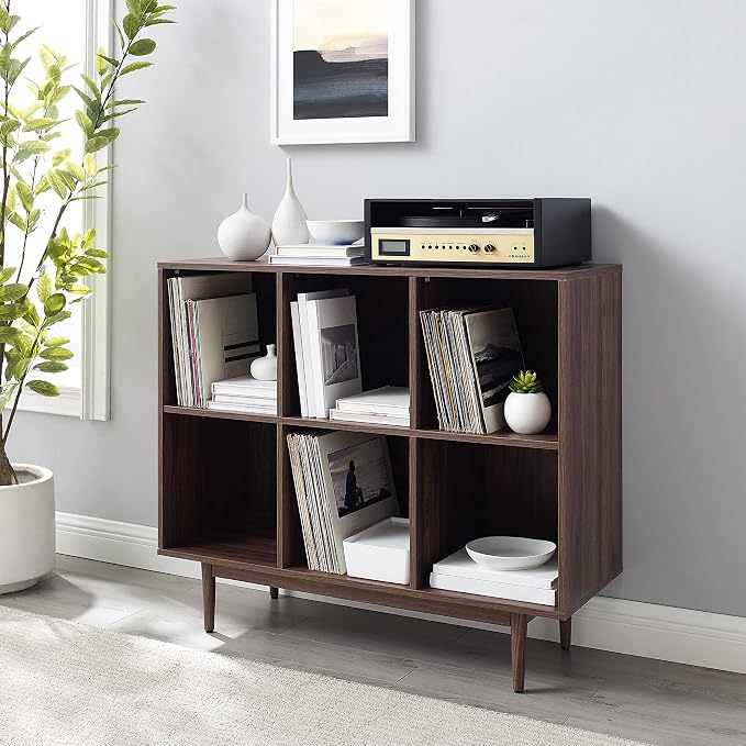 Crosley Furniture Liam Record Storage Cube Bookcase with 6 Cubes, Vinyl Record Holder and Bookshelf, Walnut