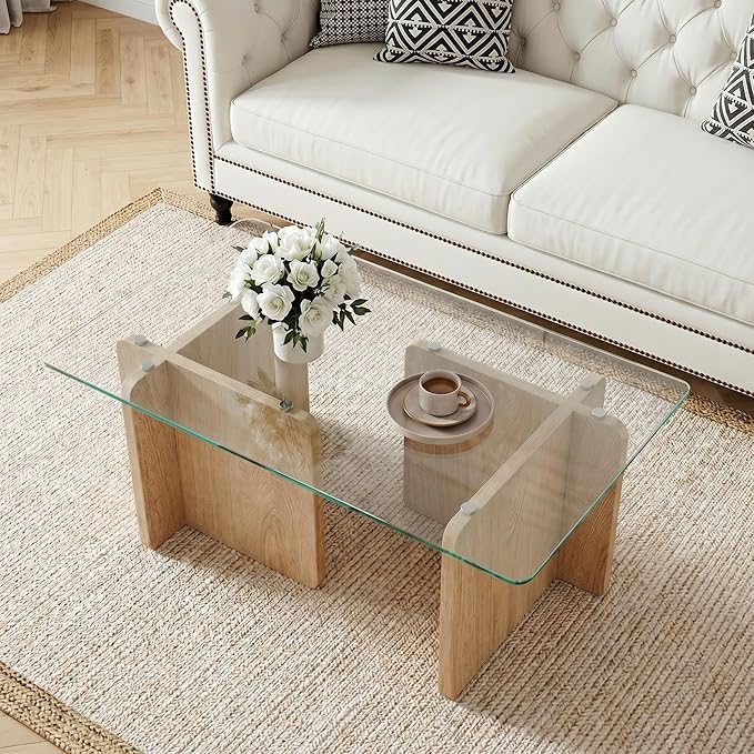 Modern Glass Coffee Table, 39.4 Inches Rectangular Center Tables for Living Room, Coffee Table with Wood Cross Base Easy Assembly Natural