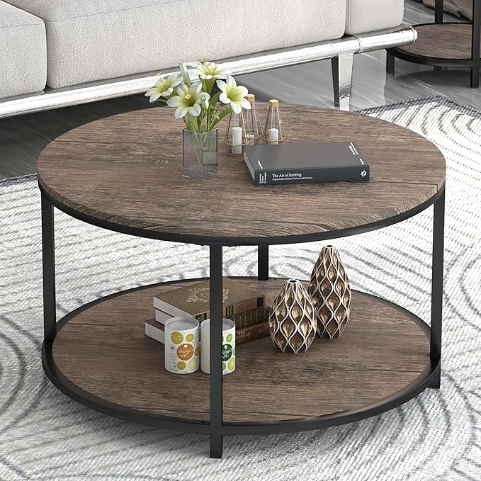 NSdirect Round Coffee Table, 27.5" Small Coffee Table for Living Room,2-Tier Rustic Wood Desktop with Storage Shelf Modern Design Home Furniture(Light Walnut)
