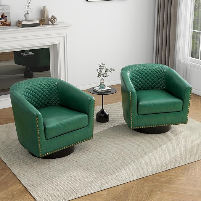 UIXE Swivel Accent Chairs Set of 4, PU Leather Barrel Club Chair for Living Room, Upholstered Round Armchair Comfy Single Sofa Bedroom Reading Seat - Green