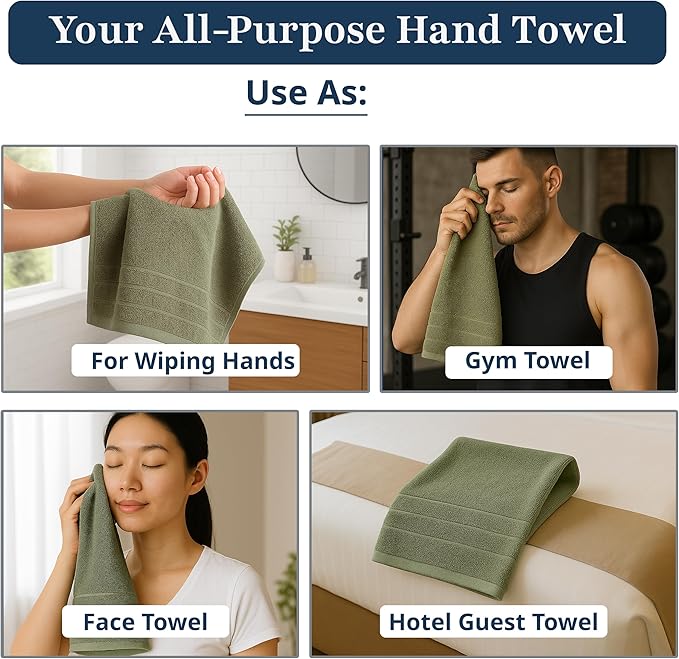 LANE LINEN 4 PCs Hand Towel Set for Bathroom (16"x28") - 100% Ringspun Cotton Hand Towel Set - Quick Dry, Ultra Soft & Absorbent, Durable Large Hand Towels - Tumble Dry Regains Fluffiness - Oil Green