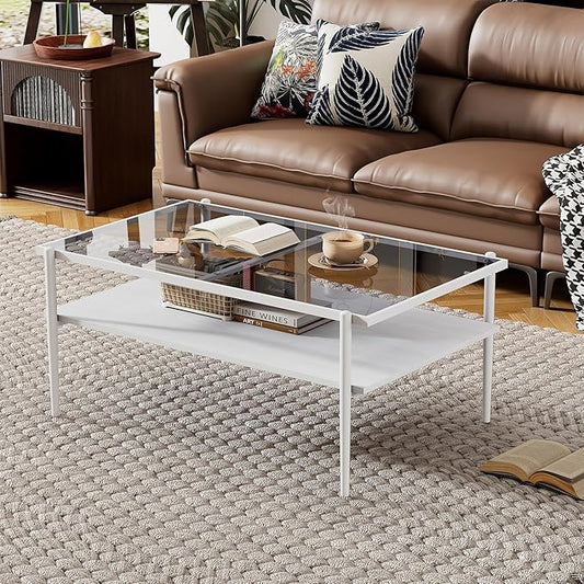 Mid Century Modern 2-Tier Coffee Table with Gray Tempered Glass Top & Wood Storage Shelf – Space-Saving Center Table for Living Room, Apartment & Small Spaces (White)