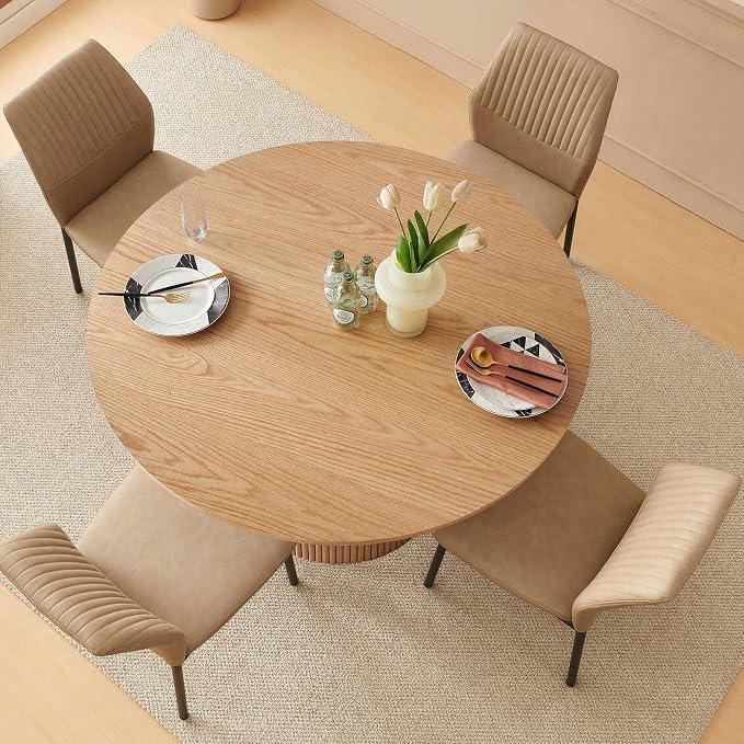 Dining Table Set for 4, 47" Wooden Round Kitchen Table with PU Leather Chairs for Kitchen Room and Small Spaces(Oak Table + 4 Beige Chairs)
