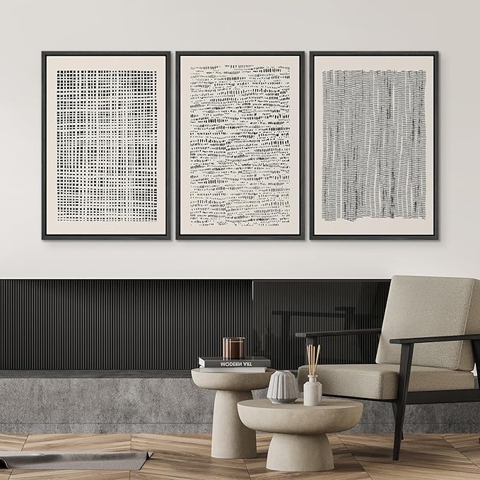 SIGNWIN Framed Canvas Print Wall Art Set Geometric Dark Black Grid Wave Pattern Abstract Shapes Cozy Neutral Modern Art Decorative Contemporary for Living Room, Bedroom, Office - 24"x36"x3 Black
