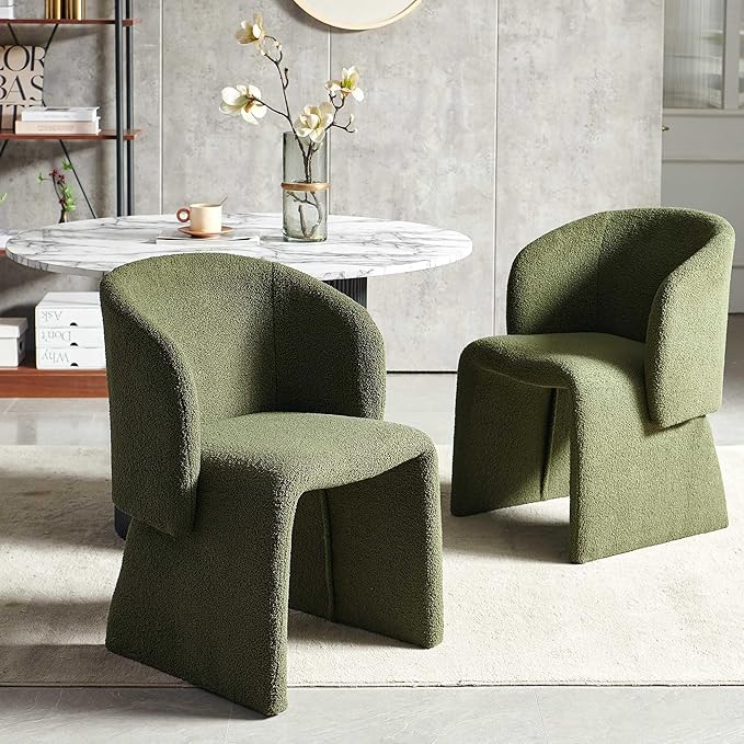 NORDICANA 3-Piece Round Dining Table Set for 2, Modern 47-Inch Kitchen Table and Chair Set, Dining Set with Dark Green Upholstered Armchairs, Manufactured Wood Top with White Marble Effect Finish