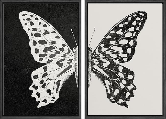 MUDECOR Framed Canvas Wall Art Black and White Butterfly Prints Minimalist Modern Art Boho Wall Decor for Bedroom - 16"x24"x2 Black
