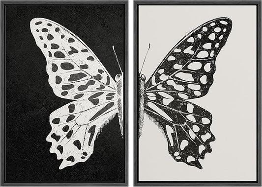 MUDECOR Framed Canvas Wall Art Black and White Butterfly Prints Minimalist Modern Art Boho Wall Decor for Bedroom - 16"x24"x2 Black