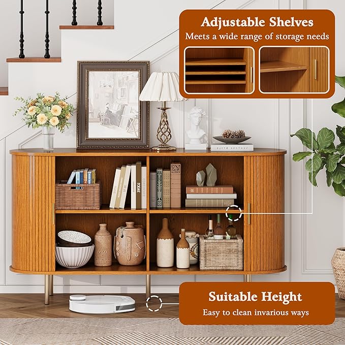DHH Sideboard Buffet Cabinet with Storage,Mid Century Modern Fluted Accent Coffee Bar Console Table,Tambour Sliding Doors& Adjustable Shelf for Kitchen, Living Room, Entryway(Yellow Walnut 55 Inch)