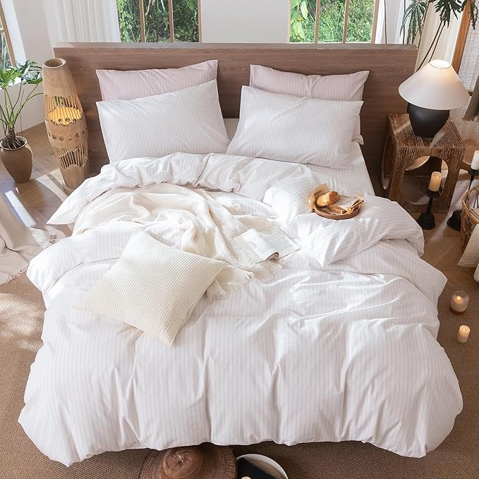 MooMee Striped Duvet Cover Set 100% Washed Cotton Linen Like Textured Breathable Durable Soft Comfy (White Heathered Greyish Pink Wide Stripes, King 104"x90")
