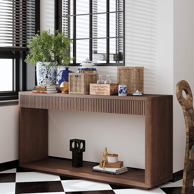 Wood Console Table, 59.8" Retro Long Sofa Table Behind Couch with 2 Fluted Drawers, Farmhouse Wooden Narrow Sofa Table Hall Table for Living Room Foyer Entrance Entryway, Walnut