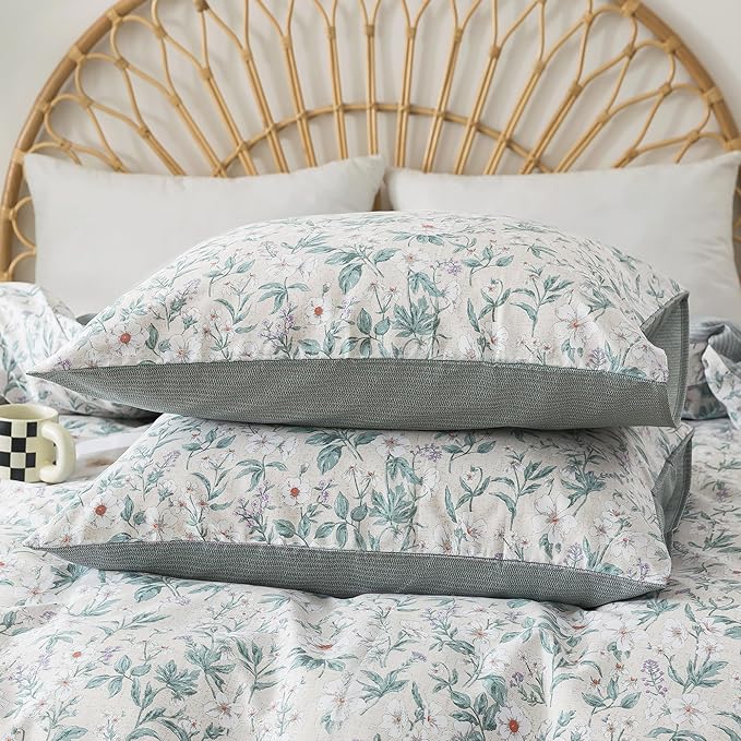 HoneiLife Floral Duvet Cover Queen - 100% Cotton Comforter Cover, Soft Botanical Bedlinen Set with Zipper Closure & Corner Ties,3-Piece Wildflower Comforter Cover Sets, Greenery