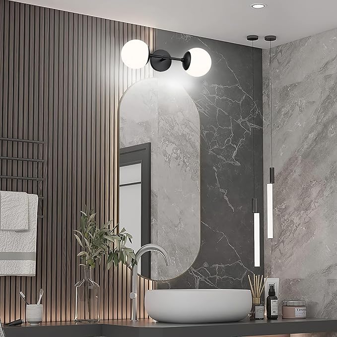 KoKo&Yukina Mid Century Modern Bathroom Matte Black Bathroom Vanity Light Fixtures Globe Sconce 2 Light Vanity Light Gold Vanity Light Mid Century Wall Sconce