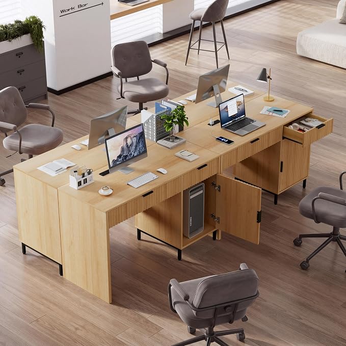 47" Executive Desk with Fluted Drawers, Wooden Home Office Desk with Storage Cabinet, Charging Station, Metal Legs Modern Farmhouse Computer Desk for Work, Study Natural Oak