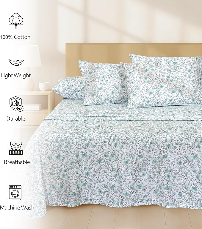 RUVANTI 100% Cotton Percale Sheets Split King Size 7 Piece Set, Cooling Bed Sheets for Hot Sleepers, Deep Pocket 16”, Breathable Lightweight & Durable, Crisp Hotel Style Sheets, Wildflower Nest