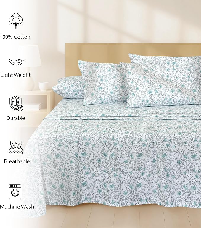 RUVANTI 100% Cotton Percale Sheets Twin XL Size 4 Piece Set, Cooling Bed Sheets for Hot Sleepers, Deep Pocket 16”, Breathable Lightweight & Durable, Crisp Hotel Style Sheets, Wildflower Nest