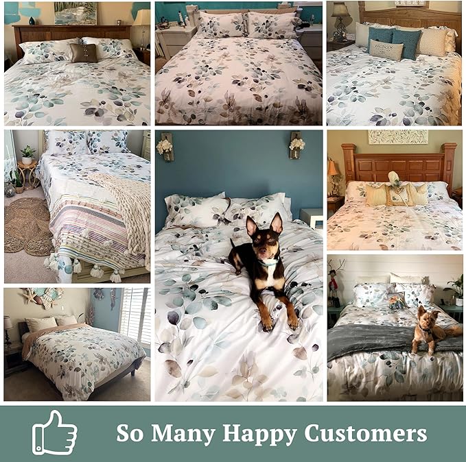 MILDLY 100% Long-Staple Cotton Duvet Cover Set Teal Blue Green Leaf Pattern Printed Comforter Cover 2pcs, Ultra Soft & Breathable Bedding Set