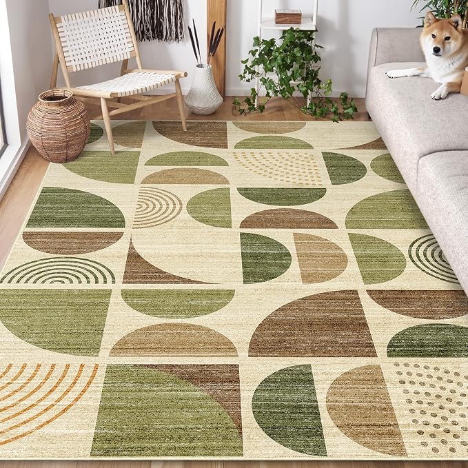 MUJOO 5x7 Area Rugs Washable,Boho Rugs for Living Room Bedroom Play Room,Large Throw Floor Carpet Non Slip Soft Modern Abstract Vintage Green and Brown