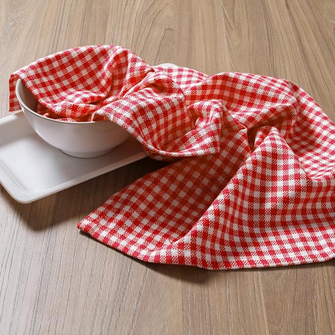 Red Kitchen Dish Towels Gingham Check, 4 Pack, 16x26 Inches, Absorbent & Durable, Washable, Hand Tea Towels with Hanging Loop - Ideal for Drying Dishes, Cooking, Cleaning, Red