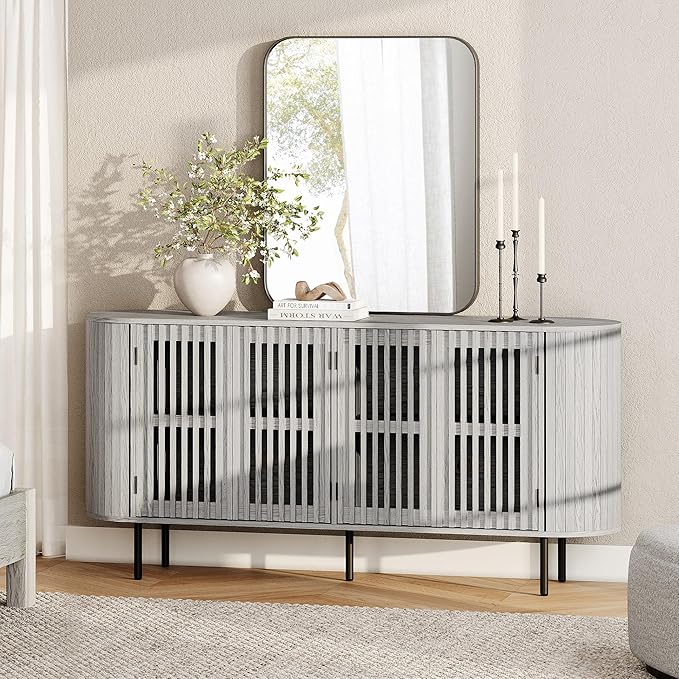 WAMPAT Sideboard Buffet Cabinet with 4 Fluted Doors, 64" Wood Accent Storage Cabinet with Curved Design, Mid-Centery Modern Credenza for Dining Room, Kitchen, Hallway, White Washed