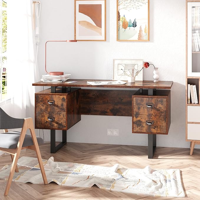 Computer Desk for Home Office with 4 Large Drawers, Rustic Wood Writing Study Table with Metal Frame, 59” x 21.7” x 29.5”, Easy Assembly, Vintage CTSZ20401RC