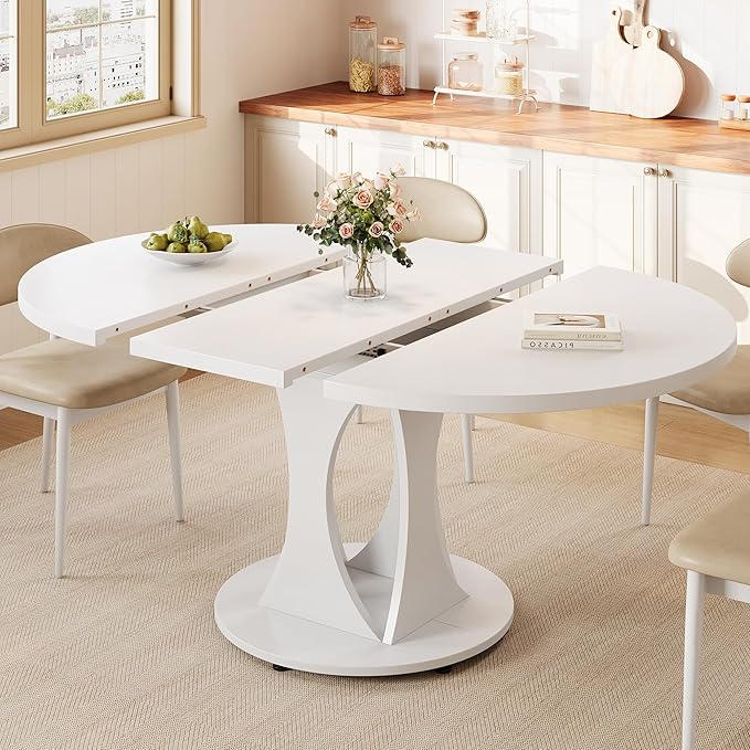 Einhomn 59" Extendable Round Dining Table for 6-8, Kitchen Table with Sturdy Double Arc Base & Backboard Clasp Desktop, Mid-Century Modern Dinner Table, Kitchen Dining Room, Space Saving, White