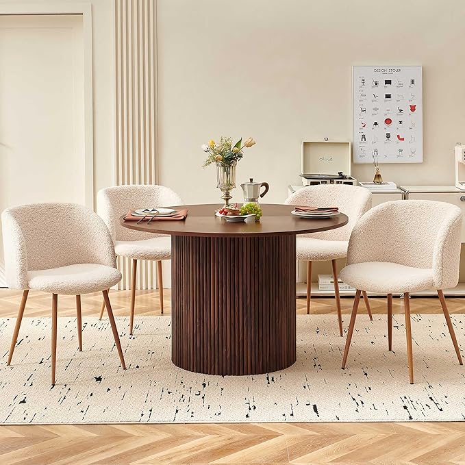 5 Piece 47-inch Round Dining Table Set for 4, Rustic Walnut Dinner Table with Upholstered Sherpa Dining Room Chairs Set, Engineered Wood Kitchen Table with Wood Strips Base