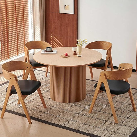 Howtek 47″ Round Dining Table Set for 4-6 People, 5 Piece Modern Kitchen Table with Natural Oak Wood Grain Finish & 4 PU Leather Upholstered Dining Chairs（Curved Backrest & Solid Wood Legs ）