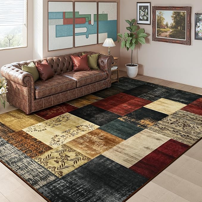 Tepook Modern Area Rugs for Living Room, 9x12 Washable Large Rug for Bedroom, Geometric Patchwork Rugs Indoor Non-Slip Throw Carpets for Dining Room Office Farmhouse Home Decor, Multi