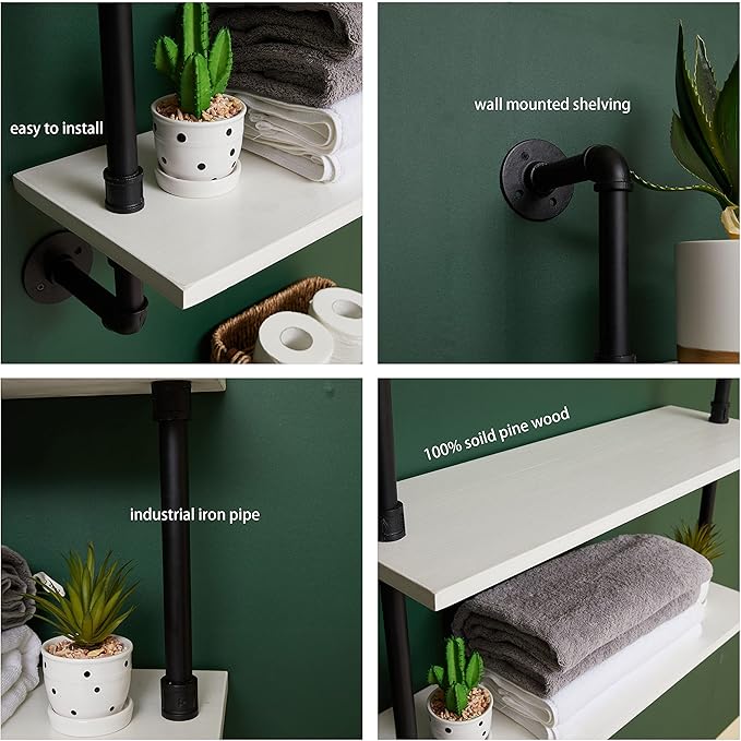 HDDFER Industrial Pipe Shelving Rustic White Pipe Wall Shelves Industrial Shelves with Wood Planks Floating Shelves 48 Inch Farmhouse Bathroom,Kitchen Shelving Wall Mounted
