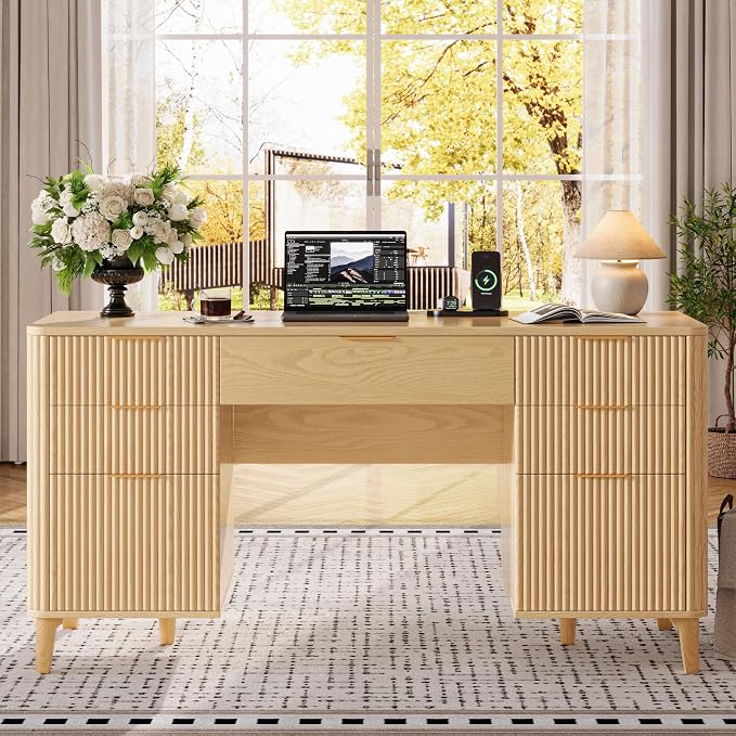 Wooden Desk with Drawers, 55" Fluted Executive Desk with Storage Cabinet, Wood Home Office Desk with File Cabinet, Modern Computer Writing Desk for Study, Living Room, Bedroom