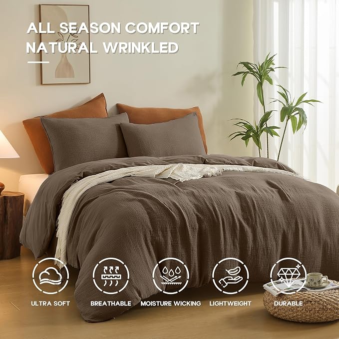 Simple&Opulence Linen Muslin Duvet Cover Set Queen Size, 3Pcs Brown Linen Cotton 3-Layer Gauze Minimalist Comforter Cover 88”x92”, Ultra Soft Breathable Seersucker Bedding Set with 2 Pillowcases