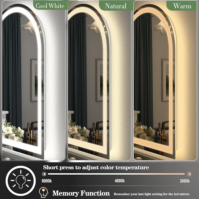 32x44 Inch Arch LED Bathroom Vanity Mirror with Backlit and Frontlit, Dimmable Vanity Mirror, Anti-Fog, 3 Colors, Memory, Shatter-Proof, ETL Listed