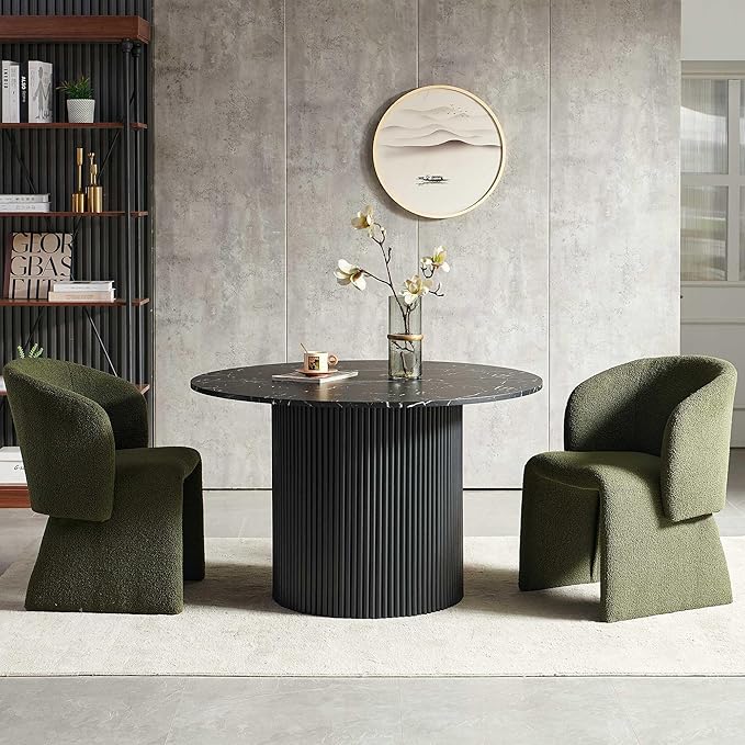 NORDICANA 3-Piece Round Dining Table Set for 2, Modern 47-Inch Kitchen Table and Chair Set, Dining Set with Dark Green Upholstered Armchairs, Manufactured Wood Top with Black Marble Effect Finish