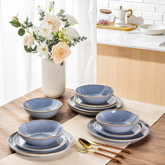 AmorArc Ceramic Dinnerware Sets,Handmade Reactive Glaze Stoneware Plates and Bowls Sets,Highly Chip and Crack Resistant Dishware | Dishwasher & Microwave Safe Dishes, Service for 4 (12pc)