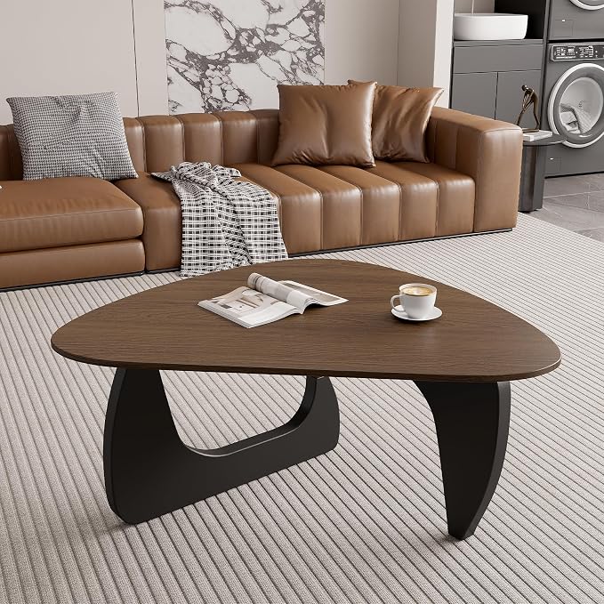 Modern Wood Coffee Table, Triangle Center Table with Premium Wooden Top& Unique Base, 35.5” Small Mid Century Tea Tables for Living Room, Apartment, Office,Walnut & Black