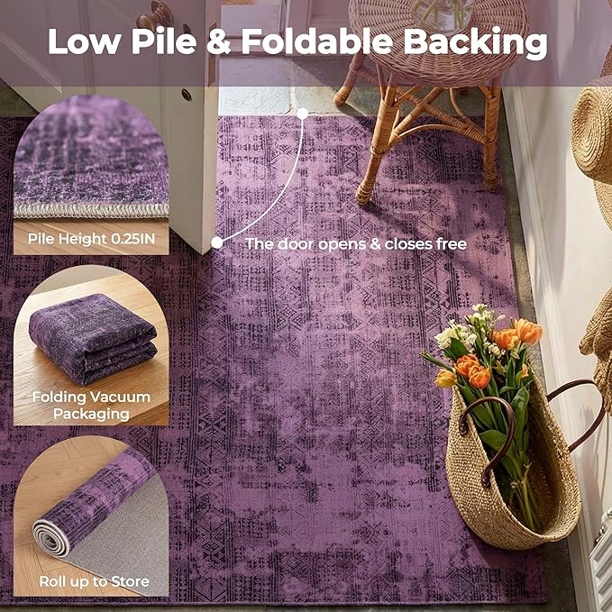 Kokia Abstract 8x10 Area Rugs Living Room Washable Low Pile Non-Slip Indoor Decor Purple Carpet Foldable Stain Resistant Ombre Rugs Bedroom Dining Room, Oslo Plum