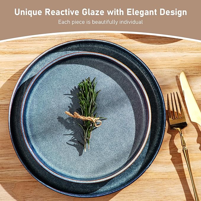GBHOME 24-Piece Stoneware Dinnerware Set for 8 – Ribbed Ceramic Plates and Bowls, Scratch-Resistant, Microwave & Dishwasher Safe, Reactive Glaze, Ceylon Blue