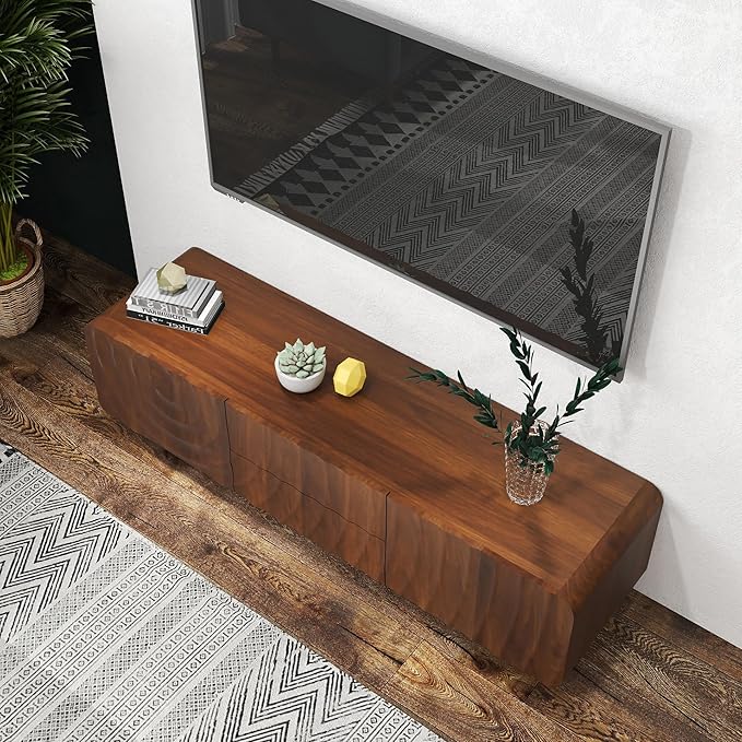 LKTART 58'' TV Stand with Storage & 2 Drawers, Modern TV Console with Water Ripple Door Panels Mid-Century Credenza Sideboard Buffet Cabinet for Kitchen & Living Room (Walnut)