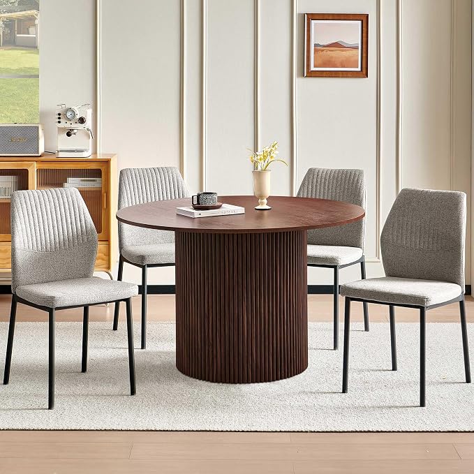 Dining Table Set for 4, 47" Wooden Round Kitchen Table with Linen Fabric Chairs for Kitchen Room and Small Spaces(Walnut Table + 4 Light Brown Chairs)