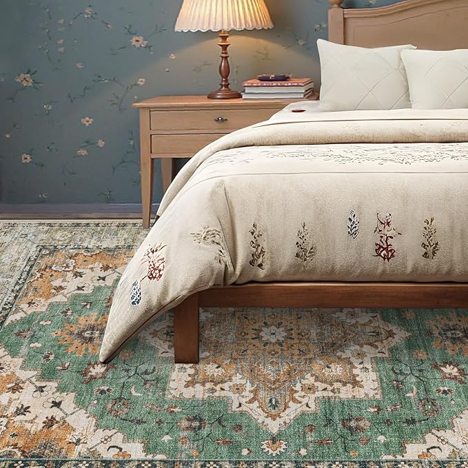 Area Rug 5x7 Vintage Rug: Washable Indoor Medallion Rugs Low Pile Distressed Floor Carpet Retro Accent Rug for Living Room Bedroom Kitchen Dining Table Home Office(Brown Green, 5'x7')