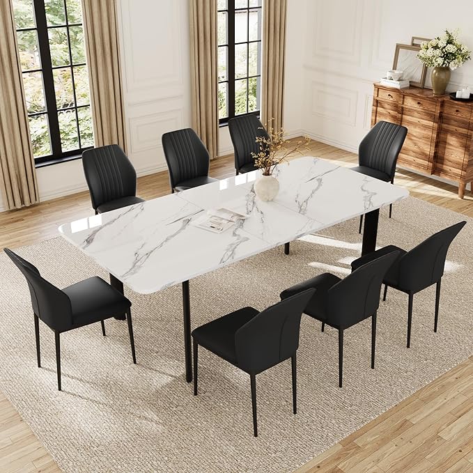 Extendable Dining Table Set for 6-8 People, 63 to 78.7 Inch MDF Kitchen Table with 8 Faux Leather Dining Chairs, Space-Saving for Dining Room, Breakfast Nook (White Table & 8 Black Chairs)