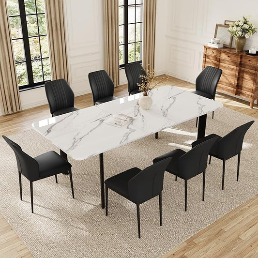 Extendable Dining Table Set for 6-8 People, 63 to 78.7 Inch MDF Kitchen Table with 8 Faux Leather Dining Chairs, Space-Saving for Dining Room, Breakfast Nook (White Table & 8 Black Chairs)